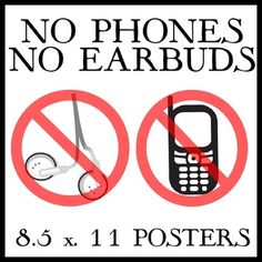 no phones, no earbuds sign with scissors and cell phone in red circle