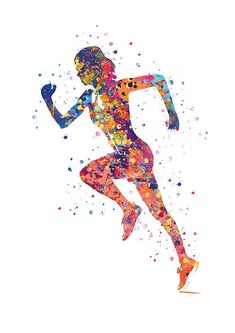 a woman running with colorful paint splatters on her body