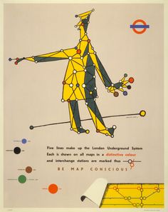 an advertisement for the london underground system, featuring a man in yellow and black with circles around him