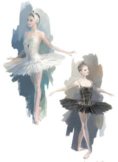 two ballerinas dressed in black and white are standing next to each other