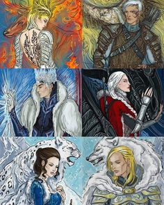 the four main characters in game of thrones, one with white hair and two with blue