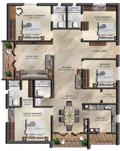 three bedroom apartment floor plan with two bathrooms and one living room in the same area