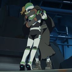 an animated character hugging another character in a sci - fi world environment with other characters around them