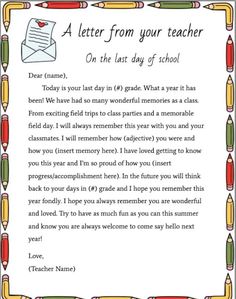 a letter from your teacher on the last day of school