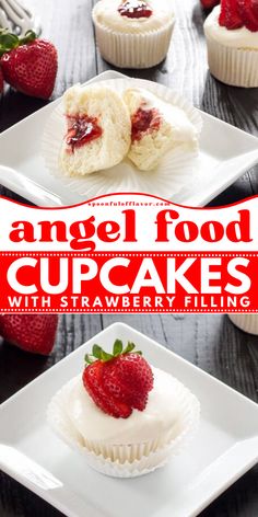 You will surely love this fluffy Valentine's day sweets! Angel food cupcakes with strawberry filling are sponge cakes made of whipped egg whites and flour. Grab this Valentine's day dessert idea! Angel Food Cupcakes With Strawberries, Strawberries For Angel Food Cake, Angelfood Cupcakes, Strawberry Topping For Angel Food Cake, Angel Cake With Strawberries, Angel Food Cupcakes, Whipped Cream Cheese Frosting, Strawberry Filling