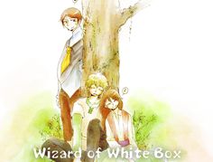 two people sitting next to a tree with the words wizard of white box on it