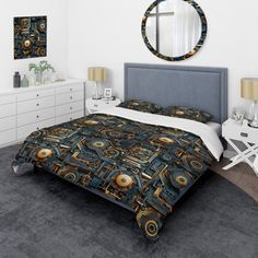 a bed room with a neatly made bed and a round mirror on the wall above it