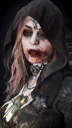 a woman with makeup and blood on her face