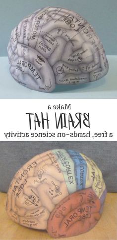 two pictures with the words make a brain hat in different colors and sizes on them