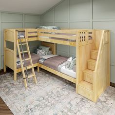 there is a bunk bed with stairs to the top and bottom beds on both sides