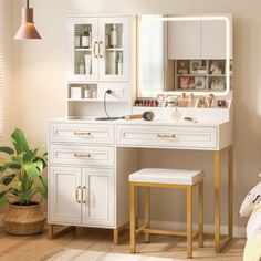 a bedroom with a vanity, stool and mirror