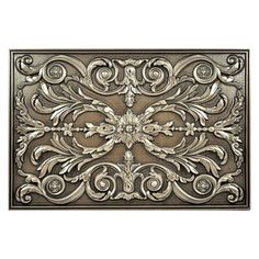 an ornate metal wall panel with scrolls and leaves on the sides, in grey tones