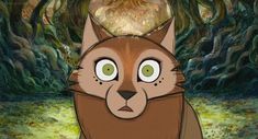 an animated cat with green eyes in the woods