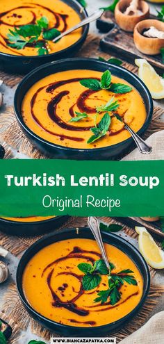 two bowls filled with soup and garnished with mint leaves, lemon wedges