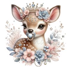 a baby deer wearing a crown surrounded by flowers