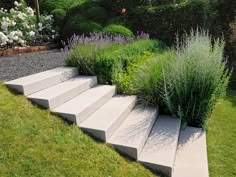 the steps are made out of concrete and have plants growing on each step in front of them