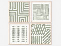 four green and white art prints hanging on a wall