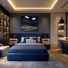 a bedroom with a bed, desks and chairs in front of a book shelf