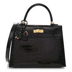 This is an authentic HERMES Shiny Porosus Crocodile Kelly Sellier 25 in Black. This elegant toteis crafted of exotic crocodile in black. This shoulder bag features a top handle, an optional detachable shoulder strap, a flap with a strap closure,polished gold plated hardware including a Kelly turn lock, a covered padlock, and a key clochette. The flap opens to a matching leather interior with zipper pocket and patchpockets.