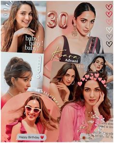 several pictures of different women in pink outfits and jewelry, with hearts on their heads