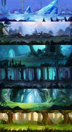 four different views of an animated landscape