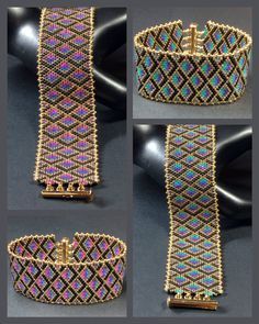 four different views of a bracelet made out of gold and multicolored glass beads