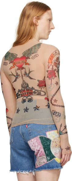 Semi-sheer stretch polyester mesh T-shirt. · Logo graphic pattern printed throughout · Crewneck Featuring artwork by Hiroshi Tanabe. Supplier color: Multi Beige Tattoo, Tattoo Long Sleeve, Tattoo Shirt, T Shirt Logo, Cotton Beanie, Mesh T Shirt, Floral Prints Pattern, Anna Sui, Mid Length Skirts