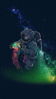 an astronaut in outer space holding a jellyfish under his arm and looking up at the sky