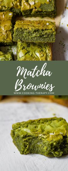 matcha brownies are stacked on top of each other