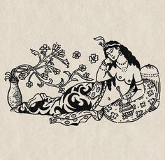 a drawing of a woman laying on the ground next to a vase with flowers in it