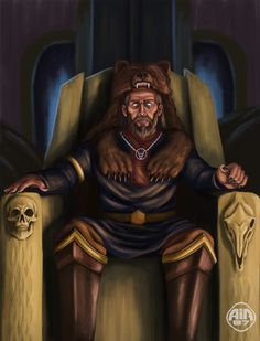 a painting of a man sitting in a chair with his hands on his hips and wearing a bear costume