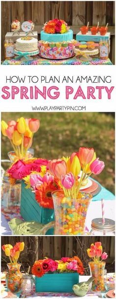 an outdoor party with colorful flowers in vases, plates and cake on the table