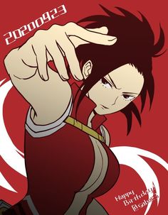 an anime character with black hair and red shirt holding his hand up to the side