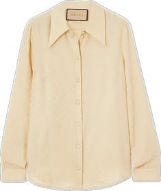 Chic Gucci Collared Blouse, Gucci Luxury Formal Blouse, Elegant Gucci Office Blouse, Luxury Formal Gucci Blouse, Luxury Formal Blouse By Gucci, Luxury Gucci Blouse For Formal Occasions, Elegant Gucci Button-up Shirt, Gucci Spread Collar Shirt For Work, Formal Gucci Button-up Tops