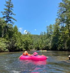 two people in pink rafts paddling down a river