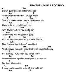 Traitor - Olivia Rodrigo CHORDS Songs Olivia Rodrigo, Easy Guitar Songs Chords, Piano Songs Chords, Ukelele Chords Ukulele Songs, Learn Guitar Songs, Piano Notes Songs, Ukulele Chords Songs, Uke Songs, Easy Guitar Songs