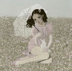 a painting of a woman sitting in a field with an umbrella over her head, holding a rabbit