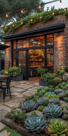 an outdoor patio with succulents and lights