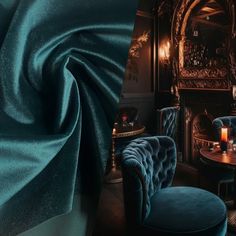 the interior of a fancy restaurant with blue velvet upholstered chairs