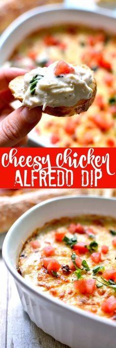 a hand holding a cracker over a bowl of cheesey alfredo dip with tomatoes and basil