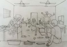 a drawing of people in a kitchen with one person reaching for the sink and another standing up