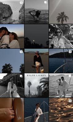 black and white photos showing different people on the same boat, one man is kissing another woman's head