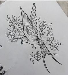 a drawing of a bird with flowers on it