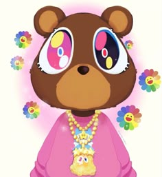 a brown bear with big eyes wearing a pink dress and pearls on it's neck