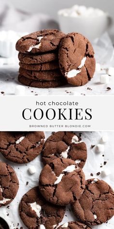 chocolate cookies with marshmallows are stacked on top of each other and the words, hot chocolate cookies above them