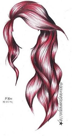 a drawing of a woman's head with long hair in red and pink tones