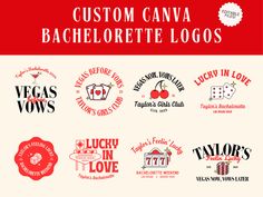 the logos for custom canva bachelors and bachelor party favors are shown in red, white