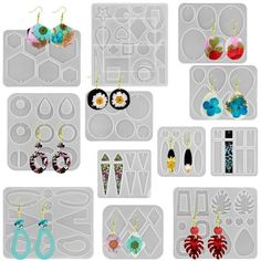 many different types of earrings are shown in this image, including one with flowers and the other