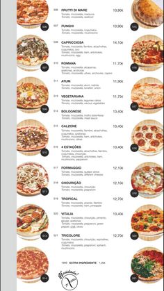 a menu with different types of pizzas and toppings on it's side