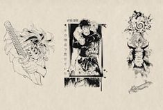 an image of japanese tattoo designs on the back of a sheet of paper with ink